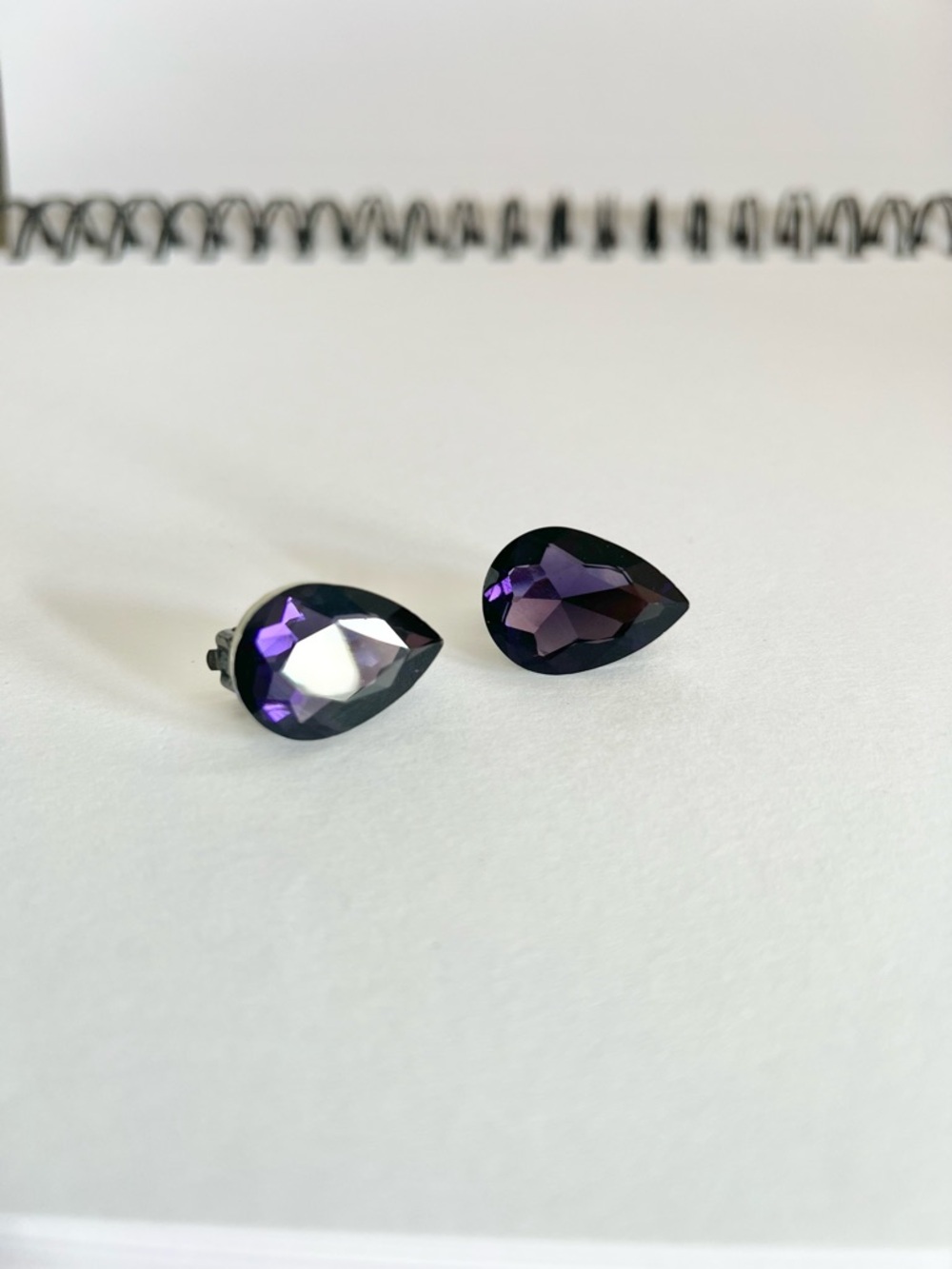Purple Teardrop Clip On Earrings Faceted Statement Silver Tone